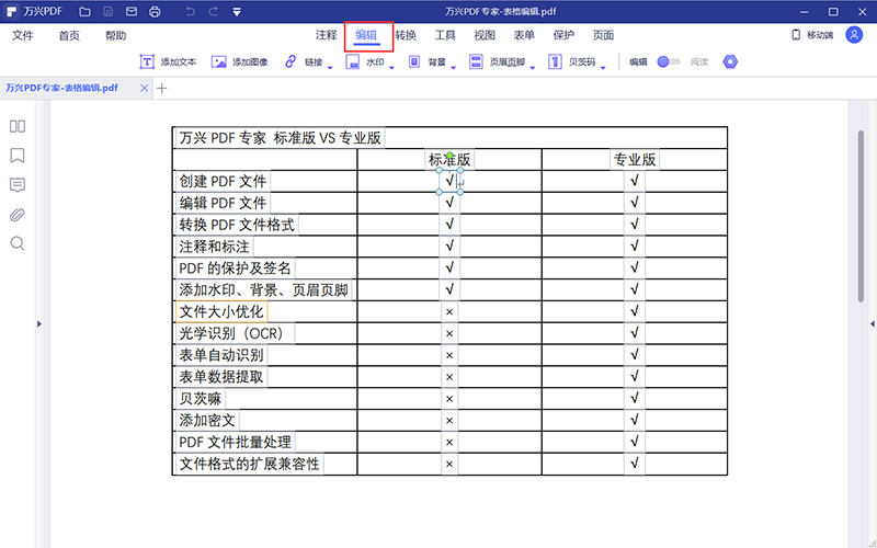 编辑PDF文档中的表格